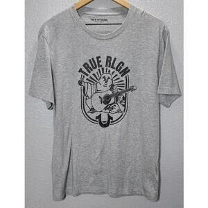 True Religion T-shirt Mens Heather Gray Short Sleeve Arch Logo Guitar Sz L